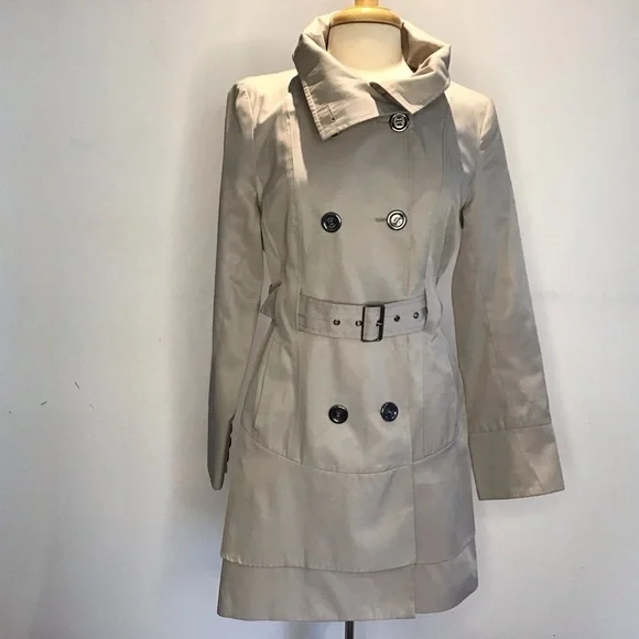 Guess Y2K VTG gray double breasted funnel neck belted skirt rain trenchcoat M - Picture 5 of 11